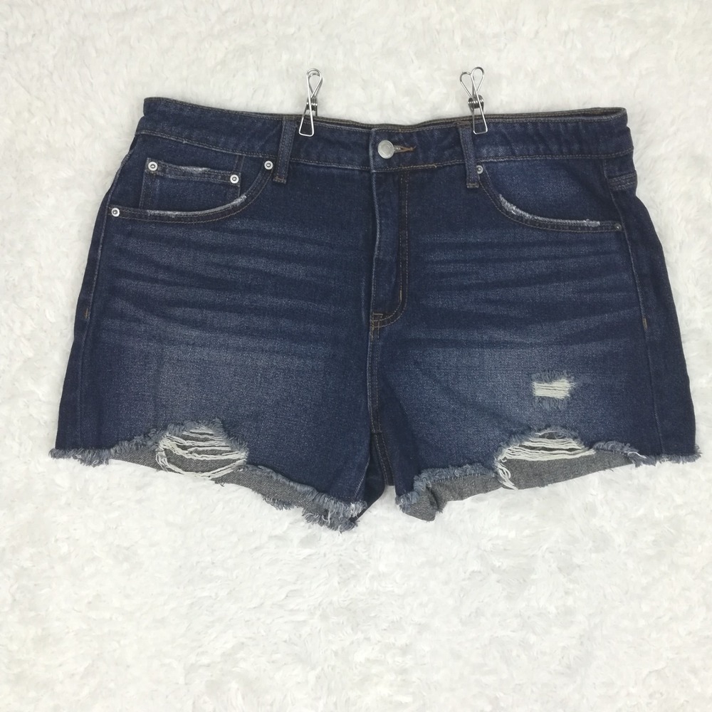 Time And Tru Womens Shorts Cut Off High Rise Blue Denim Dark Wash Distressed 16